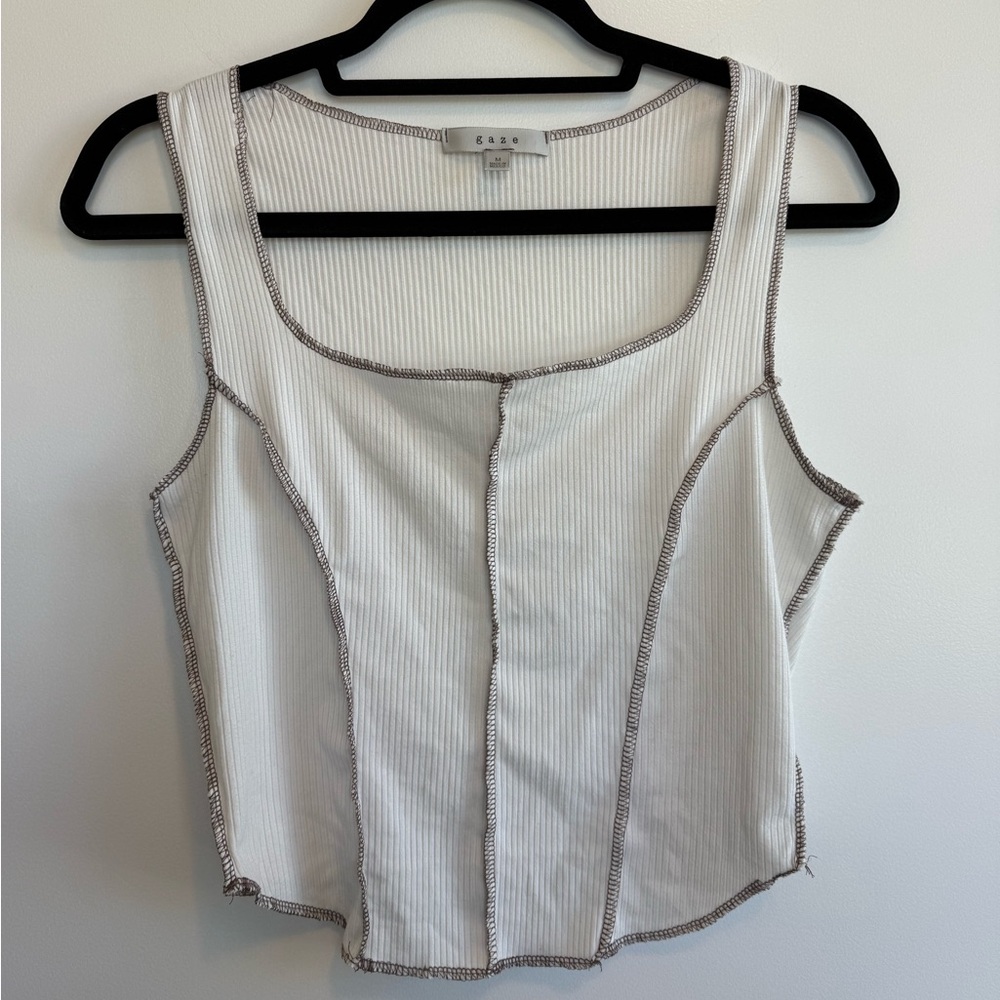 White Ribbed Tank Top with Contrast Stitching